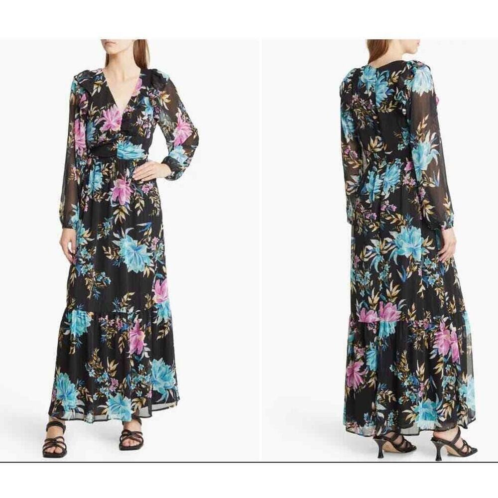 Fourteenth Place Dress Womens Sz S Black Floral Maxi Long Sleeves Ruffles‎ $98